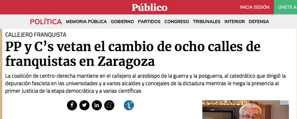 El Ayuntamiento de Zaragoza (PP-Ciudadanos) veta la retirada de nombres franquistas de calles zaragozanas